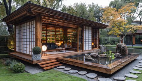 14 Japanese Garden Ideas That Inspire to Create Your Own Oriental Space Japanese Porch Ideas, Japanese Dojo Aesthetic, Japanese Veranda, Japanese Style Homes, Japanese House Aesthetic, Japanese Gazebo, Japanese Garden House, Japanese Style Tiny House, Japanese Patio