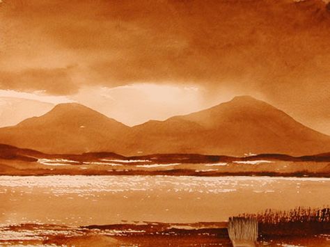 Monochrome mountain & water Landscape via Simply Painting ... Simply Painting, Monochrome Landscape, Coffee Art Painting, Monochromatic Painting, Monochrome Painting, Monochromatic Art, Water Landscape, Mountain Landscape Painting, Art Tutorials Watercolor