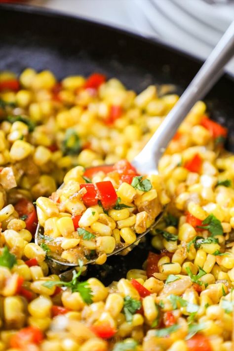 This Southwest Corn recipe is super simple for a side dish that’s easy to make and family friendly too! Made with canned, fresh, or frozen corn along with red bell pepper, onion, diced green chiles and seasoning for a full-of-flavor side dish that’s perfect with Tex-Mex, Southwest, or Mexican entrees. We love this Southwest-style corn recipe and make it all the time. Southwest Corn Recipe, Frozen Corn Recipes, Southwest Corn, Canned Corn Recipes, Asian Steak Bites, Corn Recipes Side Dishes, Taco Side Dishes, Mexican Entrees, Corn Side Dish