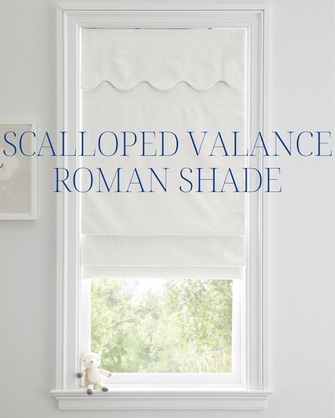 Scalloped Blinds, Diy Scalloped Valance, Roman Blinds With Scalloped Edge, Relaxed Roman Shade With Trim, Nursery Valance, Scalloped Window Valance, Nursery Window Treatments, White Window Treatments, Scalloped Valance