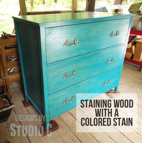 Tips for Staining Wood with Colored Stain Have you tried a colored stain? I know, generally stains come in colors such as oak, mahogany, cherry, etc. but what I'm talking about are the stains with ... Interior Wood Stain Colors, Blue Wood Stain, Seating Nook, Staining Furniture, Minwax Stain, Inspired Furniture, Studio C, Furniture Refinishing, Funky Furniture