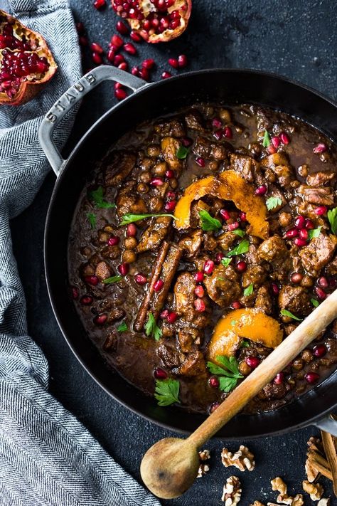 A delicious recipe for Fesenjan, a Persian Walnut Pomegranate Stew with chicken and chickpeas. Earthy, rich and tangy, this is bursting with Middle Eastern Flavor! #persianstew #fesenjan #persianrecipes #persiancchicken #middleeastern #chicken #chickpeastew Fesenjan Recipe, Herbed Quinoa, Turkey Entrees, Stew With Chicken, East Recipes, Iranian Cuisine, Persian Cuisine, Iranian Food, Chickpea Stew