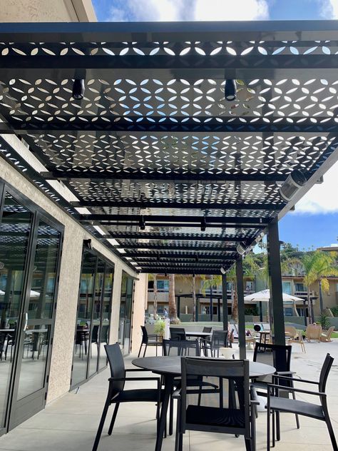 Shade Structure Backyard, Metal Shade Structure, Pergola Screens, Rooftop Patio Design, Balcony Design Ideas, Outdoor Trellis, Laser Cut Panels, Rooftop Terrace Design, Metal Pergola