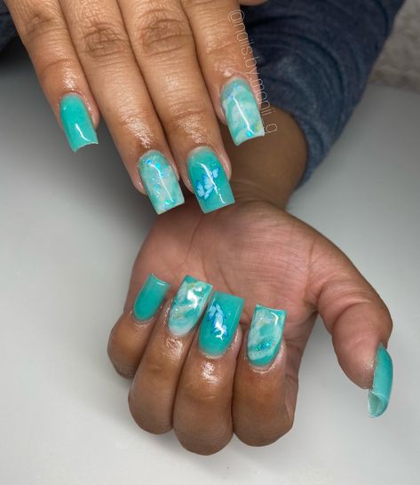 Cute Teal Nails, Teal Nails Short, Short Marble Nails, Baby Boy Nails, Nails Turquoise, Turquoise Marble, Teal Nails, Turquoise Nails, Cyan Blue