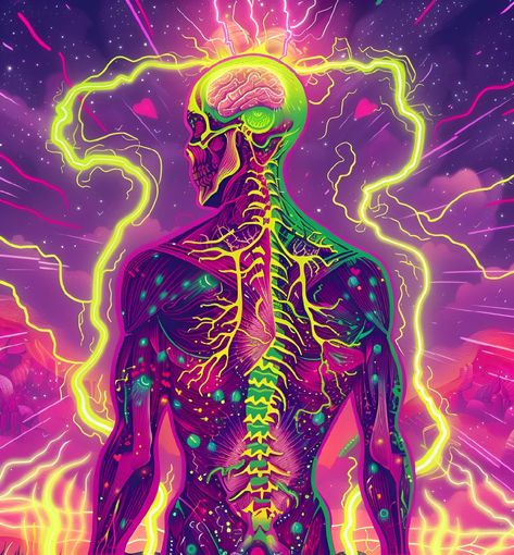 Save and follow for more vibrant art! This eye-catching, neon-colored illustration features a human figure from behind, illuminated by a glowing nervous system and a translucent skull revealing the brain. Electric hues of green and yellow make this artwork a striking addition to any collection. Ideal for modern art enthusiasts looking to add a pop of color to their space. #NeonArt #ModernIllustration #ArtPrints #NervousSystemArt #ImagePrompt #Aiimage #BrightArt Nervous System Illustration, Nervous System Art, Brain Artwork, Systems Art, Bright Art, Greek Sculpture, Sell Photos, Neon Art, Vibrant Art