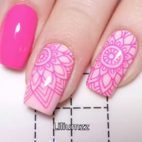 Nail Art With Stamps Plates, Pink Stamped Nails, Nail Art With Stamping, Pink Nail Stamping Ideas, Gel Stamps Nail Art, Stamping Nails Design, Stamping Plate Nail Art, Nail Art Stamps, Nail Art Stamping Designs