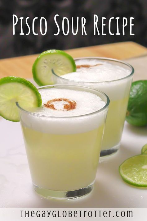 Peruvian pisco sours are the ultimate party cocktails. This classic pisco sour recipe is made with pisco, fresh lime, simple syrup, egg whites, and a dash of angostura butters   for one of the easiest alcoholic beverages ever! #gayglobetrotter #drinks #cocktails #cocktail #drink #piscosour via @gayglobetrotter Peruvian Drinks, Summer Party Drink, Cranberry Dessert, Peruvian Cuisine, Sour Foods, Peruvian Food, Pisco Sour, Summertime Drinks, Sour Cocktail