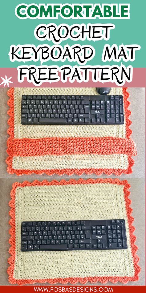 Easy crochet keyboard mat in soft yarn, placed under a keyboard on a modern desk. Crochet Desk Decor Free Pattern, Computer Cover Crochet, Crochet Keyboard Mat, Gingham Desk Mat Crochet, Diy Crochet Blocking Mat, One Skein Crochet, Crochet Mat, Crochet Beanie Pattern, Crochet Keychain