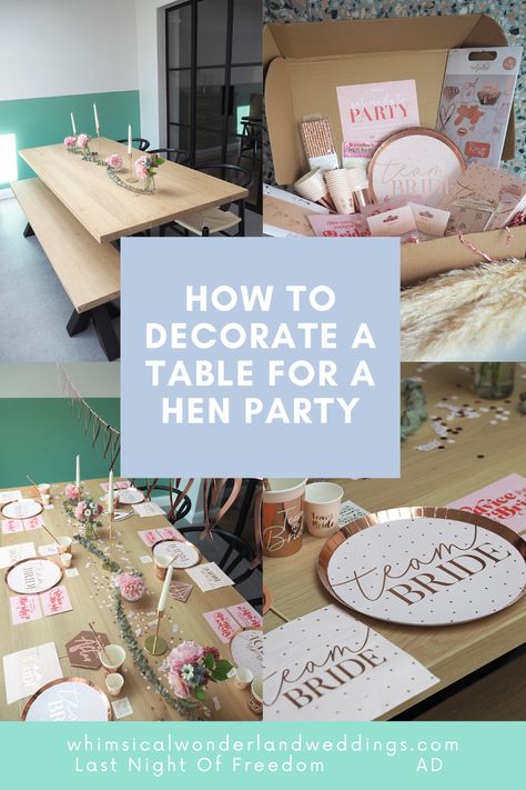 Discover how to transform your table with a hen party table decor box kit! Check out the how-to with before and after shots, on the blog. #hendo #henparty Hen Party Table Decorations, Hens Room Decorations, Hen Party Table, Hen Do Table Decorations, Hens Table Decorations, Hens Dinner Party Table Settings, Hen Party Restaurant Table, Diy Dinner, Hen Party Decorations