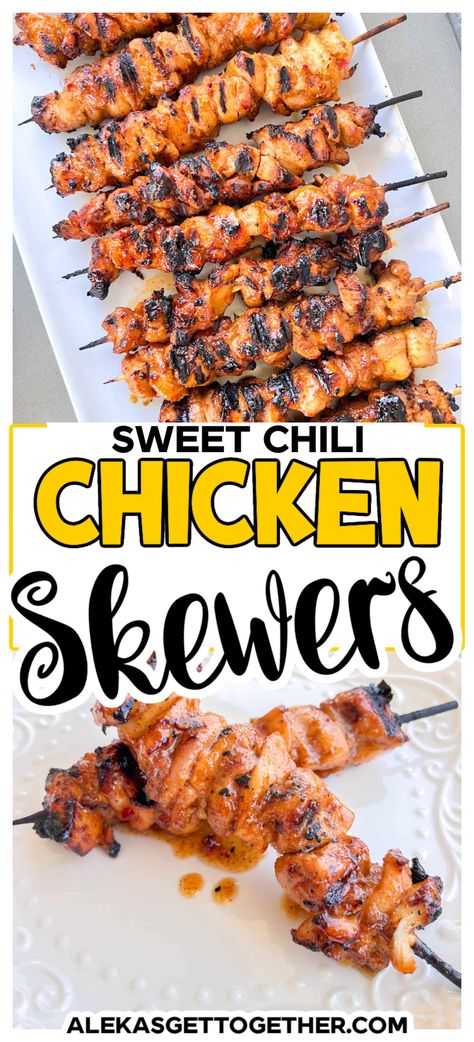 These chicken skewers are my new summer grilling go-to for entertaining! They're SO juicy because I use chicken thighs which are then marinated in a sweet and savory chili sauce which also doubles as a sticky finger-licking glaze at the end. This is definitely a recipe you need to save!! Sweet Chili Chicken Skewers, Chicken On A Skewer, Ranch Chicken Skewers, Chicken Skewers On The Grill, Smoked Chicken Skewers, Chicken Squewers Recipes Oven, Grilled Chicken Skewer Recipes, Chicken Kebabs On The Grill, Chicken Grill Recipes