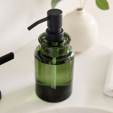 Green Glass Soap Dispenser, Organize Toiletries, Brass Bathroom Hardware, Light Up Vanity, Bamboo Bathroom Accessories, Bathrooms Modern, Vintage Apothecary, Glass Soap Dispenser, Email Branding