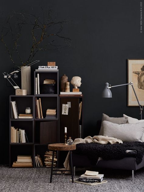 Ikea Inspiration, Gravity Home, Black Interior Design, Dark Interiors, Boho Interior, A Living Room, Black Walls, My New Room, Reading Nook