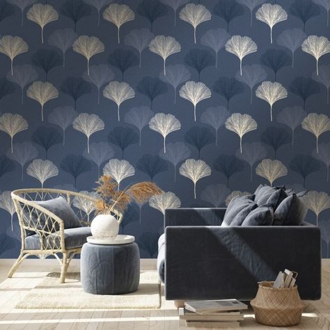 Gingko Wallpaper, Living Room Wallpaper Texture, Blue Wallpaper Living Room, Room Wallpaper Designs, I Love Wallpaper, Living Room Wallpaper, Hall Ideas, Wall Texture Design, Aesthetic Living Room