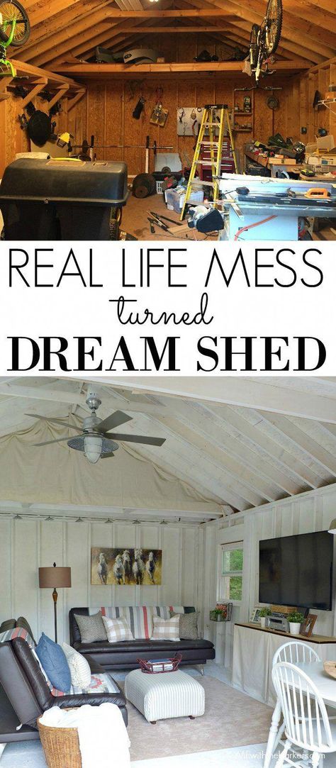 Turning our real life mess into our Dream Shed Makeover! Click the photo to see tons of photos and all of the project details. #gardenshed Shed Makeover Interior, She Shed Plans, Shed Makeover, Pool Shed, Shed Interior, House Shed, Diy Shed Plans, Shed Kits, Shed Plan