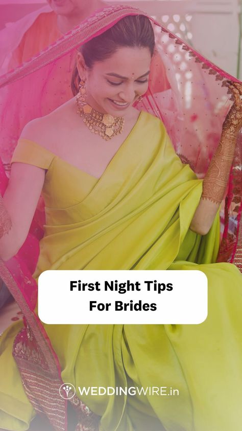 Tap the link for your essential "First-Night Tips for Brides Handbook"! Get ready to make unforgettable memories as you embark on this new chapter together 💕 | Picture Credits: Kriti Kharbanda | #ShaadikiTaiyari Aasaan Hai First Night Saree For Bride, Indian Bride Essential List, First Night Of Wedding, First Night Dress For Bride, After Wedding Outfit The Bride, Wedding Night Tips, Marriage First Night, After Wedding Outfit, First Night Dress