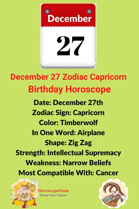 December 27 zodiac sign birthday horoscope and astrology predictions offer you a complete report about 27th Jan born natives. Our December 27th zodiac report has zodiac match, marriage match, love, job, career, family, children, education, positive and negative traits, personality, and characteristics of the people who were born on this date. Positive And Negative Traits, December Zodiac, Birthday Personality, Know Your Future, Birthday Horoscope, Horoscope Dates, Capricorn Birthday, Horoscope Capricorn, Children Education