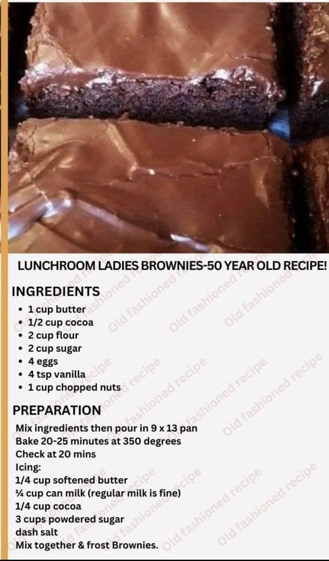 Lunch Lady Brownies, Brownies Recipe Homemade, Vanilla Recipes, Lunch Room, Brownie Recipe, Old Fashioned Recipes, Easy Baking Recipes, Old Recipes, Chocolate Brownies