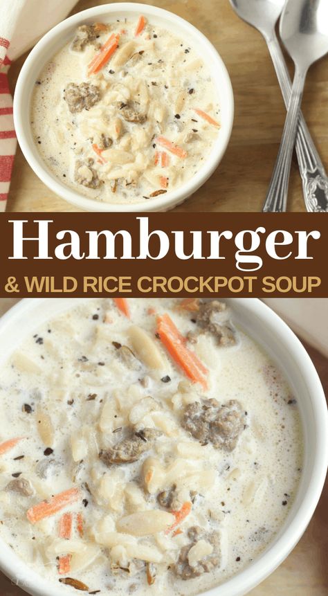 I can't believe how full of flavor this hamburger meat and wild rice soup recipe is. It's so savory and complex, I love it and can't wait to make this slow cooker soup again! #slowcookersoup #hamburgersoup #crockpotsoup #groundbeef #3boysandadog Best Hamburger Soup Recipe, Wild Rice Soup Recipes, Wild Rice Recipes, Corn Dip Recipes, Crockpot Soup, Rice Soup Recipes, Soup With Ground Beef, Fall Soup Recipes, Best Soup Recipes