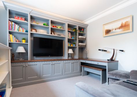 Enigma Design » TV Unit with Study Desk in Mole’s Toe Blue Media Unit, Tv Desk Living Room Wall Units, Tv Unit With Desk Design, Media Unit With Desk, Built In Media Wall With Desk, Bespoke Tv Unit, Built In Bedroom Desk, Built In Tv Wall Unit With Desk, Desk With Tv Above It