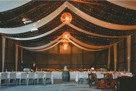 Machine Shed Wedding, Shop Wedding Reception, Church Wedding Decor, Reception Ceiling, Pole Shed, Shed Wedding, Vow Exchange, Romantic Wedding Receptions, Country Style Wedding