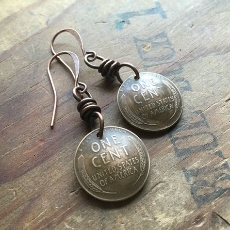 "I have drilled and domed these earrings for an interesting and unique way to enjoy a piece of American heritage. They would make a great gift for a birthday or anniversary, and for anyone who likes coins or vintage items. I currently have many years available, and you may select your favorite at checkout. If you don't see what you are looking for, don't hesitate to ask, I may be able to dig it up. The last year wheat pennies were created was 1958. You may also select \"Any Year\" - because all Coin Jewelry Diy, Penny Jewelry, Wheat Pennies, Coin Earrings, Coin Jewelry, Custom Jewelry Design, American Heritage, Metal Earrings, Ceramic Beads