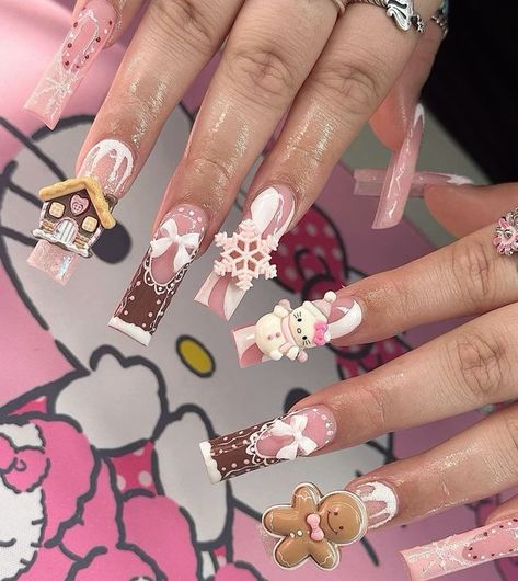 Punk Nails, Hello Kitty Nails, Really Cute Nails, Long Acrylic, Unique Acrylic Nails, Bling Acrylic Nails, Kawaii Nails, Acrylic Nails Coffin Short, Gem Nails