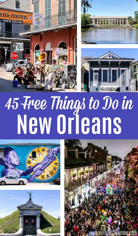 45 Free Things to Do in New Orleans, Louisiana! Check off your New Orleans Bucket List AND save money with these unique free activities, plus affordable / cheap things to do on a budget! A fun New Orleans Travel Guide perfect for couples and families with kids who are wondering what to do in NOLA. Explore the French Quarter or haunted NOLA, attend Mardi Gras, romantic ideas for couples, more! | Hello Little Home #neworleans #nola #onetimeinnola #bucketlist #frenchquarter #visitnola #travelnola Romantic Ideas For Couples, New Orleans With Kids, New Orleans Travel Guide, New Orleans Vacation, Louisiana Travel, Visit New Orleans, Romantic Ideas, Cheap Things To Do, New Orleans Travel