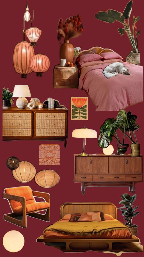 Color Scheme For Apartment, From Room Ideas, Bedroom Decor Mood Board, Bohemian Maximalist Bedroom, Vibey Apartment Bedroom Aesthetic, Retro Pink Bedroom, Air Bnb Ideas Decor, Old World Bedroom, Maximalist Bedroom Ideas