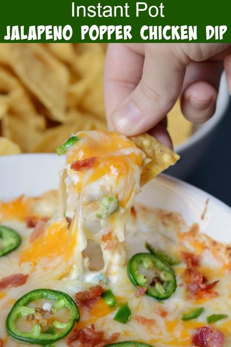 Instant Pot Jalapeno Popper Chicken Dip - A quick and easy hot jalapeno popper dip recipe made with chicken cooked in the Instant Pot and topped with cheese and bacon! Perfect for game days and parties! Meatloaf and Melodrama #instantpot #jalapenopopperdip #partyideas #appetizer Instant Pot Jalapeno Popper Chicken, Instapot Dips Recipes, Instapot Dip Recipes, Instant Pot Dips And Appetizers, Instapot Appetizer Recipes, Instant Pot Dip, Popper Chicken, Crockpot Appetizers, Jalapeno Popper Dip