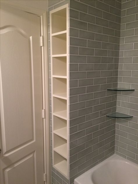 High Shelf Bathroom, Open Shelving Towel Storage, Recess Bathroom Shelves, Built In Shelves Next To Shower Stall, Walk In Shower With Shelves, Small Bathroom Storage Ideas For Towels, Shower With Shelves Next To It, Bathroom Long Narrow, Shower With Shelf