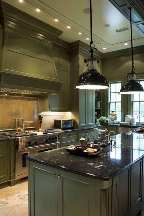 Green And Black Kitchen Decor, Olive Green And Black Kitchen, Olive Green Kitchen Ideas, Olive Green Kitchen Walls, Olive Cabinets, Green And Black Kitchen, Green Modern Kitchen, Green Kitchen Ideas, Kitchen With Open Shelving