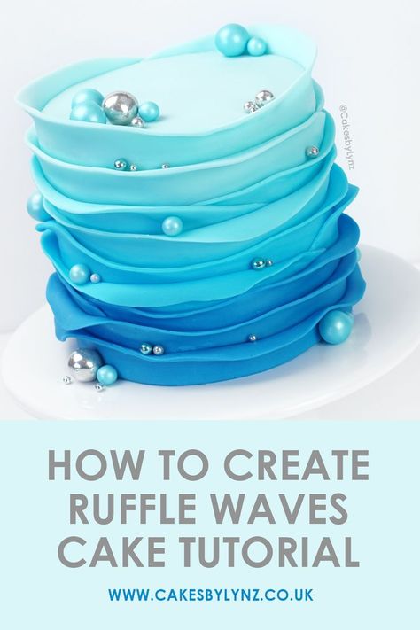 How To Create Ruffle Waves Cake Decorating Tutorial Waves Cake, Ruffle Cake Tutorial, Car Cake Tutorial, Wave Cake, Fondant Cake Tutorial, Fondant Ruffles, Fondant Cakes Birthday, Waves Tutorial, Fondant Cake Designs