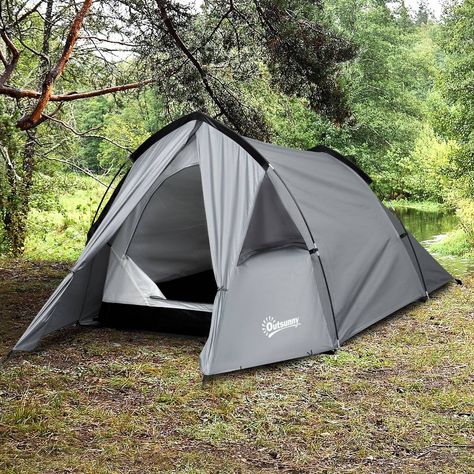 Outsunny Camping Waterproof 2 Person Tent with vestibule will make your camping experience much more enjoyable. This tent provides a large interior space and a durable waterproof exterior that will protect you from the rain. Features: - 1-2 person camping tent - Suitable for outdoor trip - Waterproof - Provides large space for cooking or storing gear and baggage - Large mesh window and vents increase air circulation - Lamp hook on the inner top - 2 storage side bags - Includes a waterproof carry Man Camping, Big Tent, Tunnel Tent, 2 Person Tent, Man Design, Hiking Tent, Backpacking Tent, Dome Tent, Small Porches