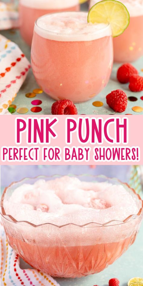 The best pink punch for baby showers, bridal showers, princess parties, and more! Pink Fizzy Drink, Pink Shower Punch, Pink Punch For Baby Shower Recipe Easy, Gender Reveal Punch Ideas, Baby Shower Punch With Sherbert, Pink Baby Shower Food Ideas, Baby Shower Refreshments, Pink Sherbet Punch, Pink Punch For Birthday Party