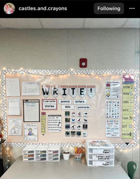 Daily 5 Set Up Classroom Organization, Writing Station 2nd Grade, Elementary White Board Set Up, Elementary Writing Center, Classroom Desk Organization Ideas, Writing Center Set Up, Writing Center 3rd Grade Ideas, First Grade Writing Bulletin Board Ideas, Writing Bulletin Boards Kindergarten