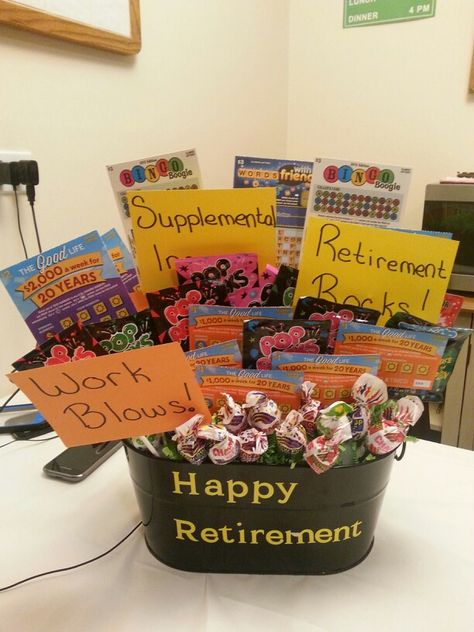 Retirement basket for my father in law.... lotto tickets (supplemental income), pop rocks (retirement rocks), & blow pops (work blows) Retirement Survival Kit, Retirement Gifts Diy, Retirement Gift Basket, Lottery Ticket Gift, Retirement Gifts For Dad, Gift Card Basket, Retirement Presents, Best Retirement Gifts, Retirement Gift Ideas