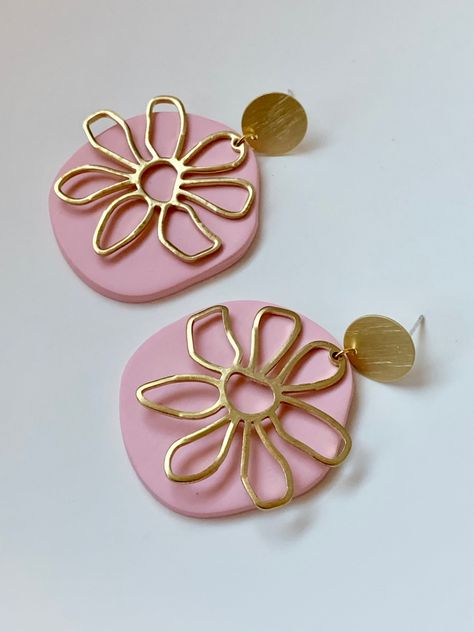 Handmade polymer clay earrings with pink clay and brass flower component Clay Jewellery Handmade, Pink Polymer Clay Earrings, Polymer Clay Accessories, Murrieta California, Clay Accessories, Diy Earrings Easy, Polymer Clay Flower Jewelry, Diy Earrings Polymer Clay, Polymer Clay Jewelry Tutorials