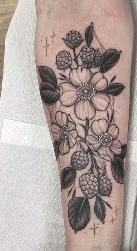 Huge Floral Tattoo, Neo Trad Flowers Black And Grey, Floral Wrap Tattoo Design, Berries And Flowers Tattoo, Black And Grey Cherry Blossom Tattoo, Filler Flowers Tattoo, Black And Gray Floral Tattoo, Moth Flower Tattoo, Blackberries Tattoo