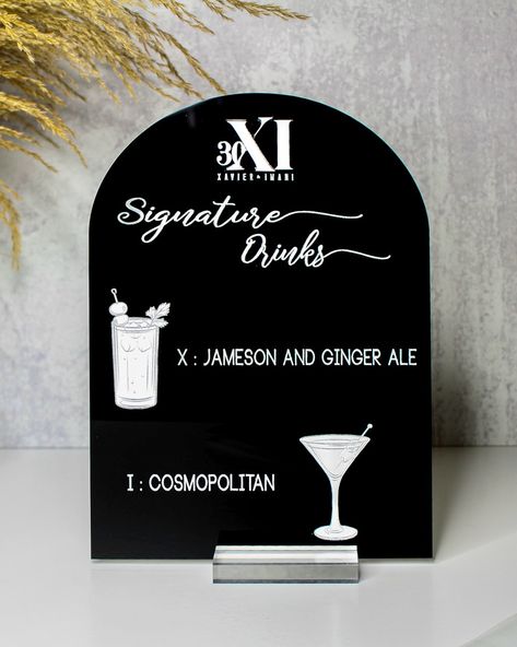 Raise the bar at your event!🍸 Our sleek black and white acrylic sign is perfect for showcasing your menu with elegance and style. ✨ Elevate your event with luxury signage and decor. Contact us today! #acrylicsign #acrylicbarsign #barsign #barmenu #lasercut #weddingdecor #dmvevents #baltimoreevents #kksdesigns Luxury Signage, Raise The Bar, Bar Menu, Signature Drinks, Ginger Ale, Acrylic Sign, White Acrylic, White Acrylics, Bar Signs