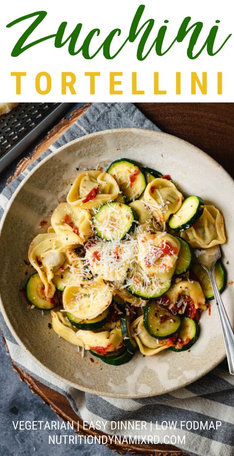 This recipe for Zucchini Tortellini can’t get much easier!  If you don’t have tortellini or have a gluten restriction, you can easily substitute your favorite type of pasta instead. #lowfodmaprecipes #lowfodmap #lowfodmapdiet #lowfodmaprecipesdinner #lowfodmapdinner #easyvegetarianrecipes #easyvegetariandinner #easyvegetarianmeals #easyvegetarianrecipesonabudget #easyvegetarianrecipeshealthy #easyvegetariandinnerrecipes #vegetariandinner #vegetariandinnerrecipes #vegetariandinnerideas Zucchini Tortellini, Zucchini Dishes, Zucchini And Tomatoes, Recipe For Zucchini, Cottage Recipes, Type Of Pasta, Vegetarian Party Food, Vegan Christmas Dinner, Dinner Recipes Healthy Family