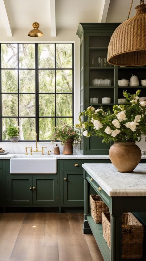 Dark green kitchens have surged in popularity. Homeowners and interior designers are absolutely swooning over their timeless charm and versatility. Dark green hues, ranging from deep forest greens to rich emeralds, add a touch of glamour and depth to kitchen designs, creating a space that feels both inviting and elegant.. #kitcheninspo #homedecor #kitchendesign #kitchenremodel Green Kitchen Black Hardware, Emerald Green House Interior Design, Studio Green Kitchen, Dark Green Kitchen Island, Dark Green Cabinets Kitchen, Green Kitchen Cabinet Colors, Green Cabinet Kitchen, Small Green Kitchen, Kitchen Island Dark