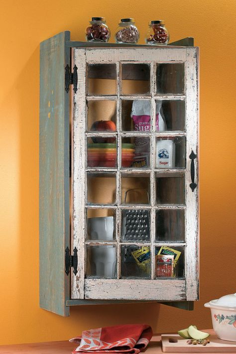 salvaged window cabinet front.  Kitchen will be outfitted with a variety of these. Hinges are too country, but I like the look. Old Window Projects, Reclaimed Windows, Repurposed Windows, Primitive Cabinets, Window Crafts, Window Projects, Country Sampler, Dekor Diy, Vintage Windows