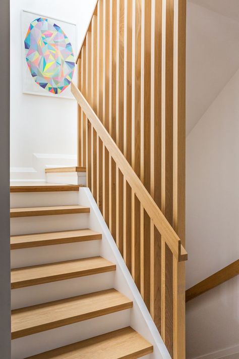 Slat Stairs, White Stair Risers, Timber Stair, White Stairs, Stairs Design Interior, Staircase Makeover, Modern Mountain Home, House Extension Design, Stair Case