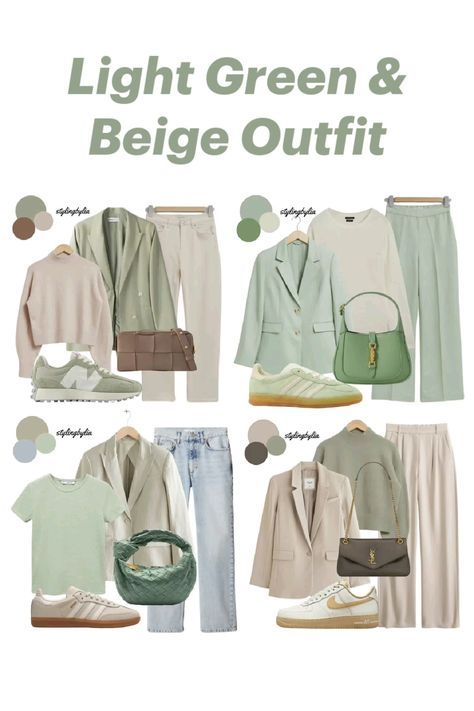 Sage Pants Outfit Color Combos, Light Summer Work Outfits, Light Green Outfits For Women, Pale Green Outfit, Beige And Green Outfit, Green Beige Outfit, Light Green Outfit, Beige Outfits, Soft Summer Palette