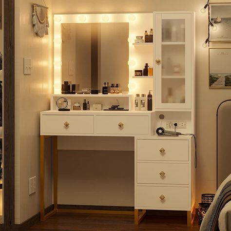 Makeup Vanity With Lights, Vanity Table With Lights, Vanity With Lights, White Vanity Table, White Vanity Desk, Modern Vanity Table, White Makeup Vanity, Makeup Vanity Lighting, Vanity Desk With Mirror