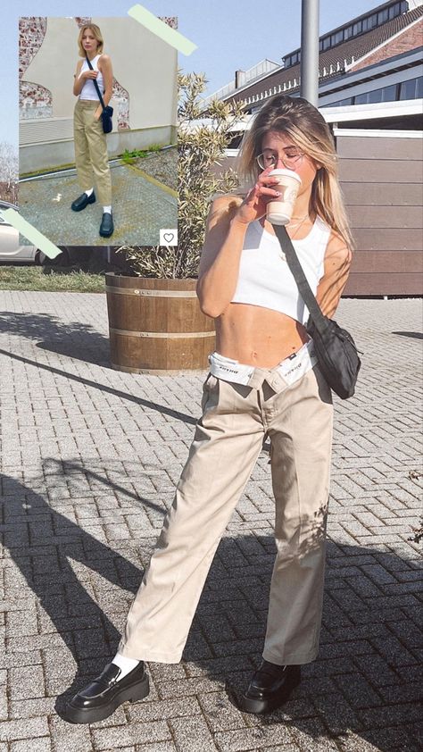 @zalandode #dickies874 #dickies #pants #stylingtips #styleinspiration Woman Dickies Outfit, Dickies Fashion, Baggy Dickies Outfit, Dickies Trousers Outfit, Khaki Dickies Outfit Women, Gray Dickies Pants Outfits, White Dickies Pants Outfit, How To Style Chino Pants Women, Cream Dickies Outfit