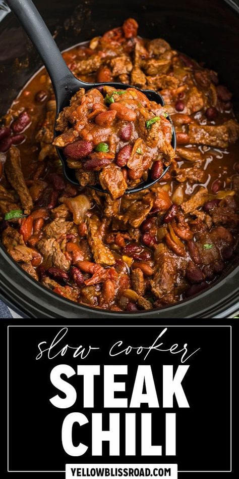 Steak Chili Jeff Mauro Steak Chili, Chili With Steak And Ground Beef, Sirloin Chili Recipe, Round Steak Chili, Gameday Chili, Slow Cooker Steak Chili, Meaty Chili Recipe, Steak Chili Recipe, Meaty Chili