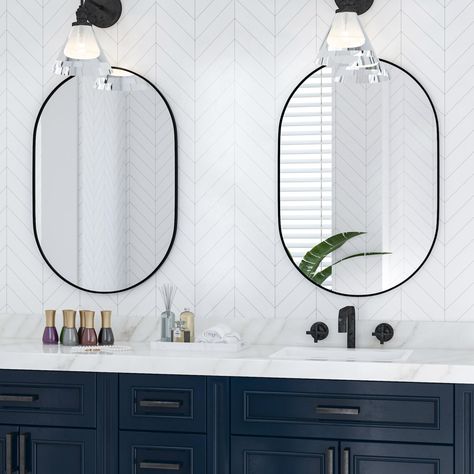 PRICES MAY VARY. 【Perfect Size】The black pill shaped wall mounted mirror size is 20"x30", and it is an integrated design without assembly. The aluminum alloy frame design is more modern. It is an ideal decoration for above the dresser, and entryway. The high-definition mirror image makes the small room look larger and brighter 【Exquisite Workmanship】The oval bathroom mirror is made of high-quality polished float glass, providing clear and undistorted reflection without worrying about deformation Bathroom Mirror One Sink, Bathroom Vanity Mirrors Double Sink Oval, Bathroom Mirror Black Metal Frame, Bathroom Mirrors Double Sink, Mirrors For Double Vanity, Black Bathroom Mirrors, Oval Bathroom Mirror, Wall Mirror Vanity, Decor For Entryway