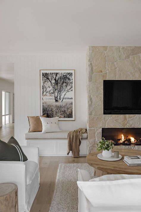 Coastal Fireplace Ideas, Australian Homestead, Granny Suite, Modern Coastal Living Room, Farmhouse Family Rooms, Fireplace Seating, Built In Shelves Living Room, Cosy Living Room, Living Room Update