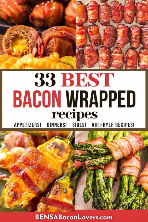 Bacon wrapped cheeseburger bites, bacon wrapped Little smokies sausages, jalapeno poppers and bacon wrapped asparagus bundles. Bacon Wrap Appetizers, Appetizer Bacon Wrapped, Bacon Wrapped Hors D’oeuvres, Bacon Wrapped Dinner Ideas, Snacks With Bacon, Bacon Wrapped Ideas, Bacon Wrapped Food Ideas, Smoked Bacon Appetizers, Bacon Wrapped Veggies